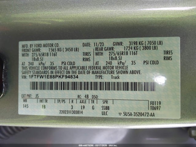 Продажа на аукционе авто 2023 Ford F-150 Xlt, vin: 1FTFW1E88PKF94834, номер лота: 44579298