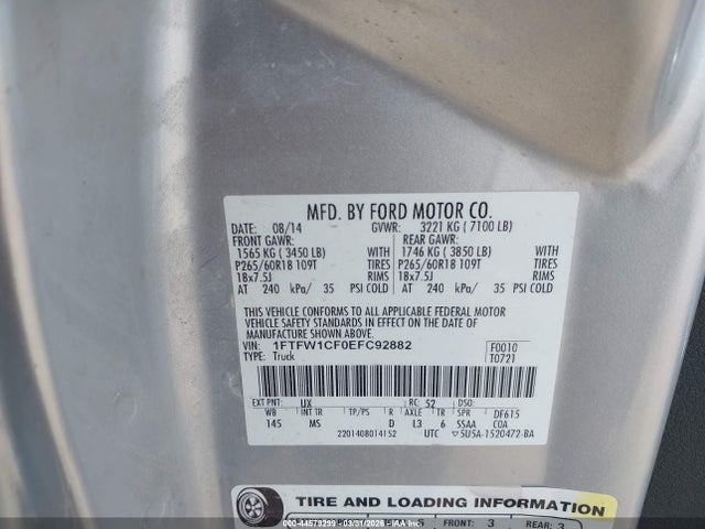 2014 Ford F-150 Xlt მანქანა იყიდება აუქციონზე, vin: 1FTFW1CF0EFC92882, აუქციონის ნომერი: 44579299