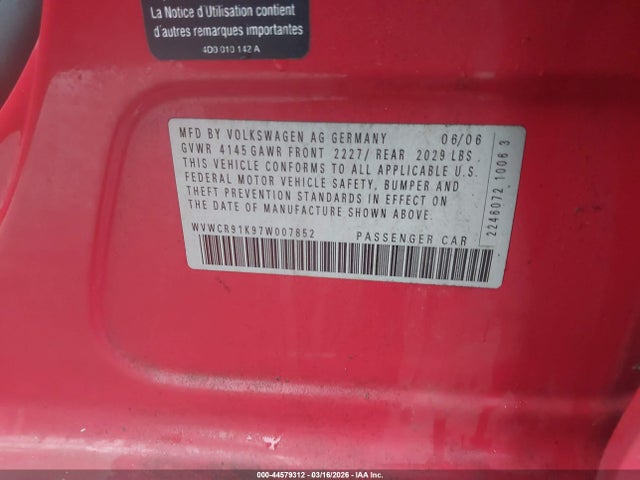 44579312 :رقم المزاد ، WVWCR91K97W007852 vin ، 2007 Volkswagen Rabbit 4-door مزاد بيع