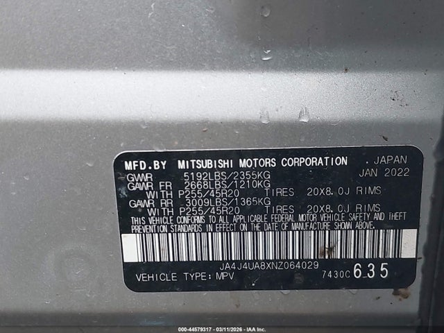 Продаж на аукціоні авто 2022 Mitsubishi Outlander Black Edition S-awc/se 2.5 S-awc/se Launch Edition S-awc, vin: JA4J4UA8XNZ064029, номер лоту: 44579317