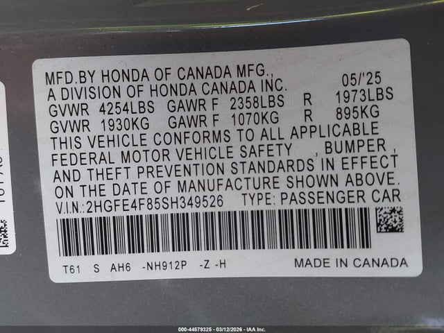 44579325 :رقم المزاد ، 2HGFE4F85SH349526 vin ، 2025 Honda Civic Hybrid Sport/sport Touring مزاد بيع