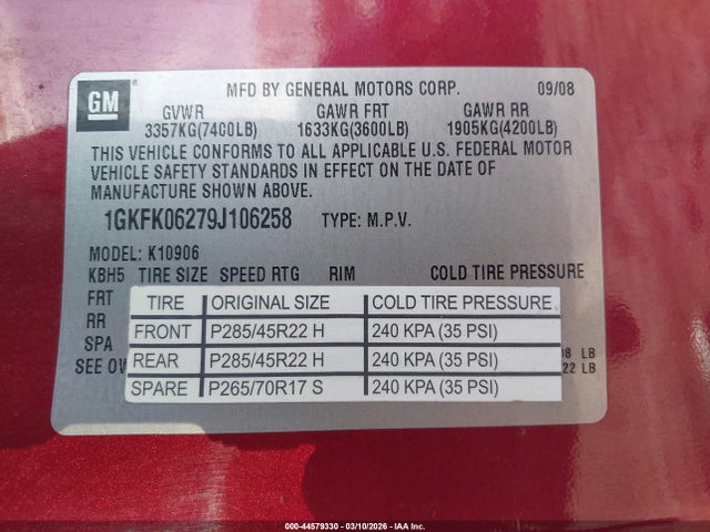 Aukcja sprzedaży 2009 Gmc Yukon Xl 1500 Denali, vin: 1GKFK06279J106258, numer aukcji: 44579330