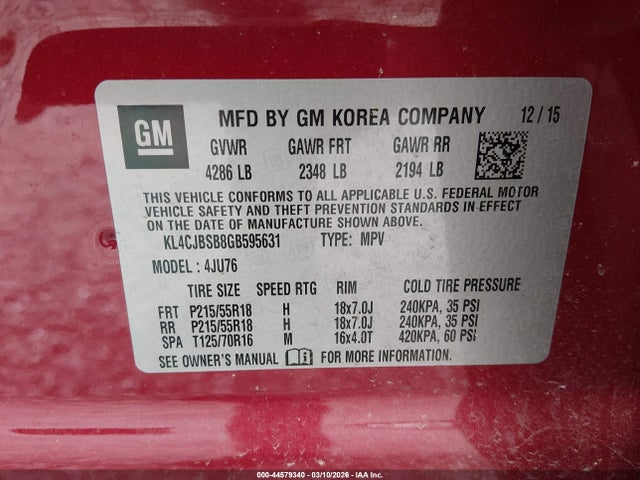 Aukcja sprzedaży 2016 Buick Encore Convenience, vin: KL4CJBSB8GB595631, numer aukcji: 44579340