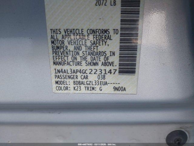 1N4AL3AP4GC223147 Nissan Altima 2.5/2.5 S/2.5 Sl/2.5 Sr/2.5 Sv