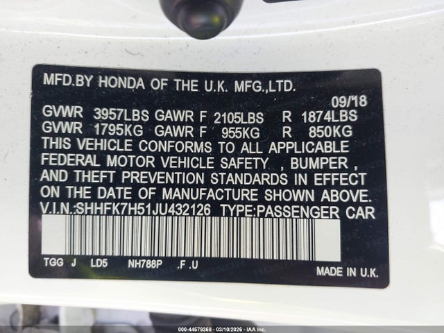 SHHFK7H51JU432126 Honda CIVIC EX