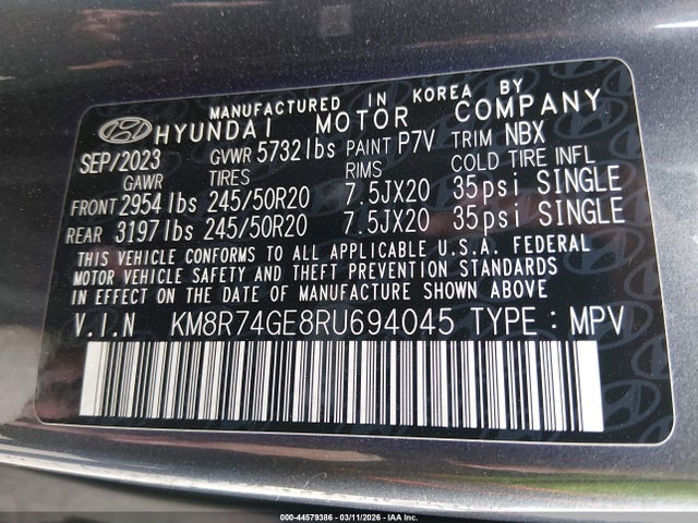 44579386 :رقم المزاد ، KM8R74GE8RU694045 vin ، 2024 Hyundai Palisade Calligraphy مزاد بيع