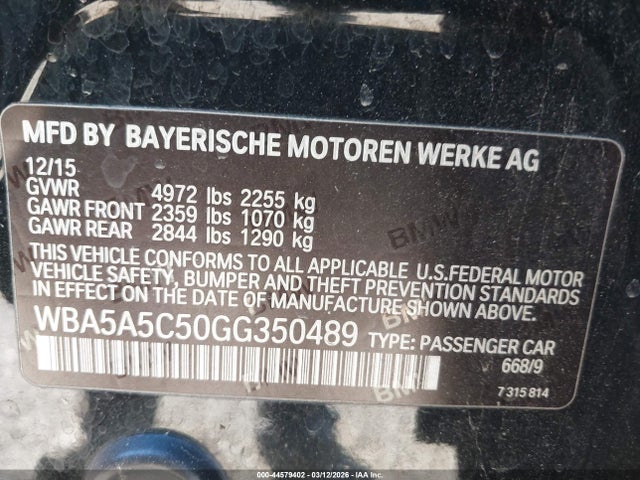 44579402 :رقم المزاد ، WBA5A5C50GG350489 vin ، 2016 Bmw 528i مزاد بيع