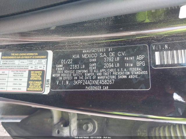 Aukcja sprzedaży 2022 Kia Forte Lxs, vin: 3KPF24ADXNE458267, numer aukcji: 44579408