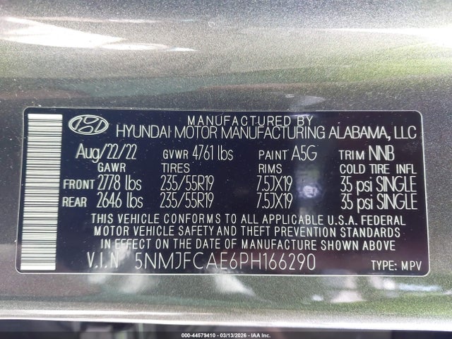 44579410 :رقم المزاد ، 5NMJFCAE6PH166290 vin ، 2023 Hyundai Tucson Sel مزاد بيع
