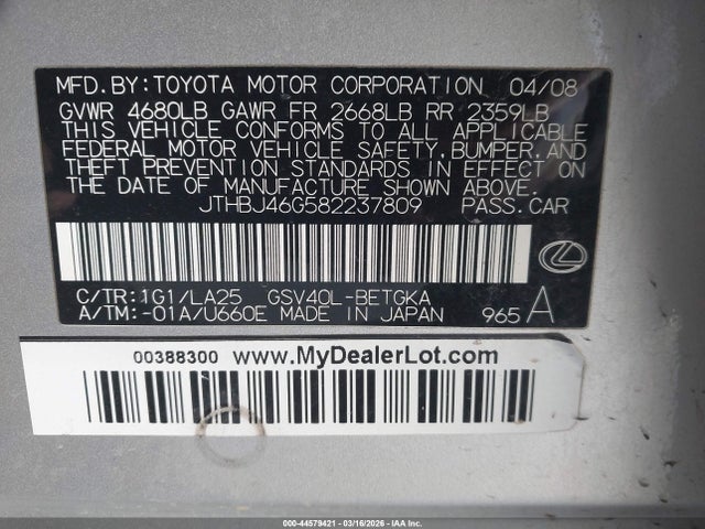 Продаж на аукціоні авто 2008 Lexus Es 350, vin: JTHBJ46G582237809, номер лоту: 44579421