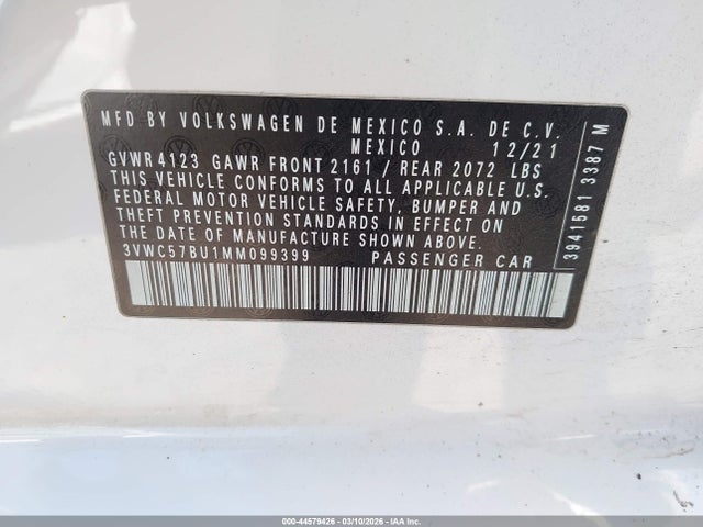 Продаж на аукціоні авто 2021 Volkswagen Jetta 1.4t R-line/1.4t S/1.4t Se, vin: 3VWC57BU1MM099399, номер лоту: 44579426