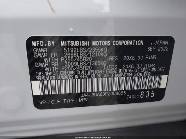 44579452 :رقم المزاد ، JA4J3UA80PZ008655 vin ، 2023 Mitsubishi Outlander Se 2.5 2wd/se Black Edition 2wd/se Special Edition 2wd مزاد بيع