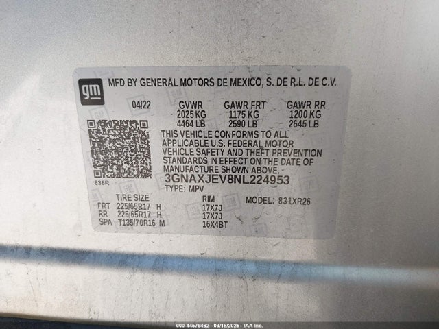 3GNAXJEV8NL224953 Chevrolet Equinox Fwd 2fl