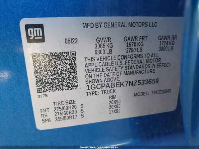 Aukcja sprzedaży 2022 Chevrolet Silverado 1500 2wd  Short Bed Custom, vin: 1GCPABEK7NZ533659, numer aukcji: 44579465