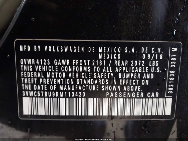 44579479 :رقم المزاد ، 3VWC57BU9KM113420 vin ، 2019 Volkswagen Jetta 1.4t R-line/1.4t S/1.4t Se مزاد بيع
