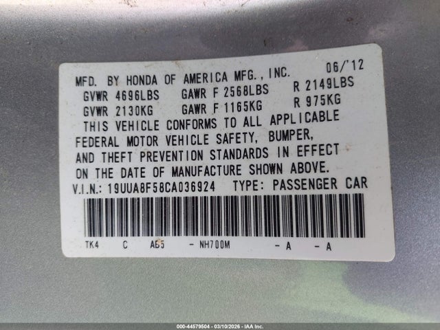 44579504 :رقم المزاد ، 19UUA8F58CA036924 vin ، 2012 Acura Tl 3.5 مزاد بيع