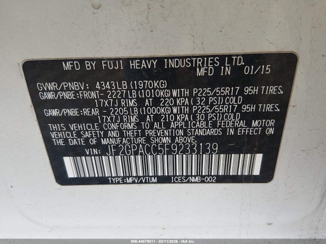 44579511 :رقم المزاد ، JF2GPACC5F9233139 vin ، 2015 Subaru Xv Crosstrek 2.0i Premium مزاد بيع