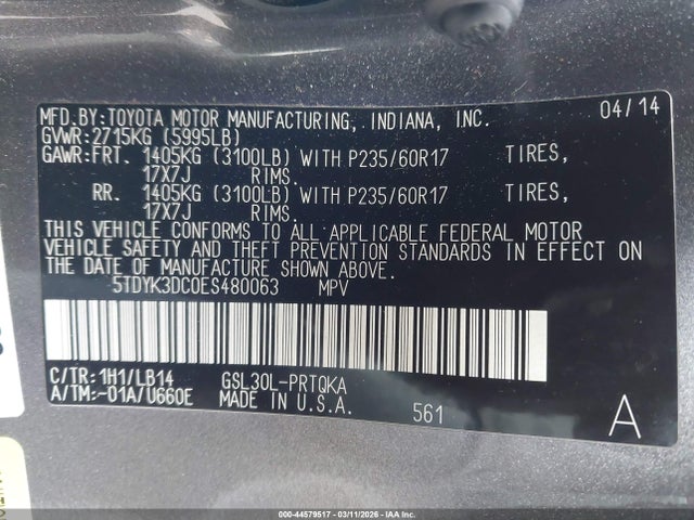 5TDYK3DC0ES480063 Toyota Sienna Xle V6 8 Passenger