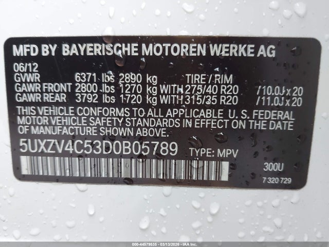 44579535 :رقم المزاد ، 5UXZV4C53D0B05789 vin ، 2013 Bmw X5 Xdrive35i/xdrive35i Premium/xdrive35i Sport Activity مزاد بيع