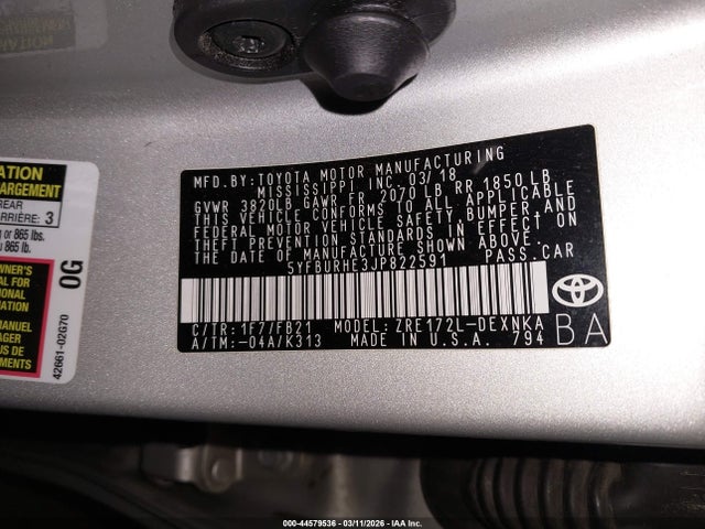 Toyota COROLLA LE 2018 5YFBURHE3JP822591 Image 9