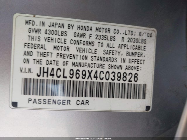 44579555 :رقم المزاد ، JH4CL969X4C039826 vin ، 2004 Acura Tsx مزاد بيع