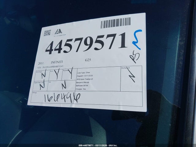 Продаж на аукціоні авто 2011 Infiniti G25 Journey, vin: JN1DV6AP0BM831143, номер лоту: 44579571