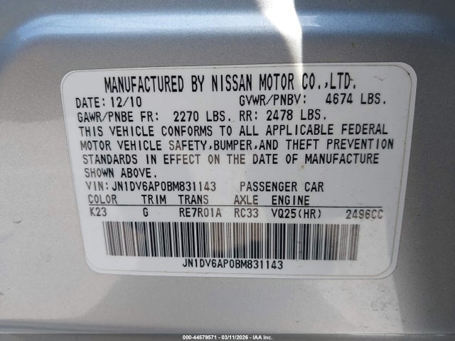 Продаж на аукціоні авто 2011 Infiniti G25 Journey, vin: JN1DV6AP0BM831143, номер лоту: 44579571