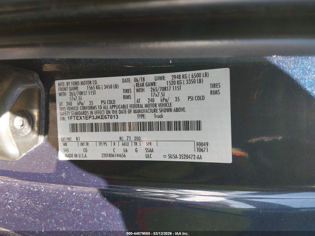 44579585 :رقم المزاد ، 1FTEX1EP3JKE67013 vin ، 2018 Ford F-150 Xl مزاد بيع