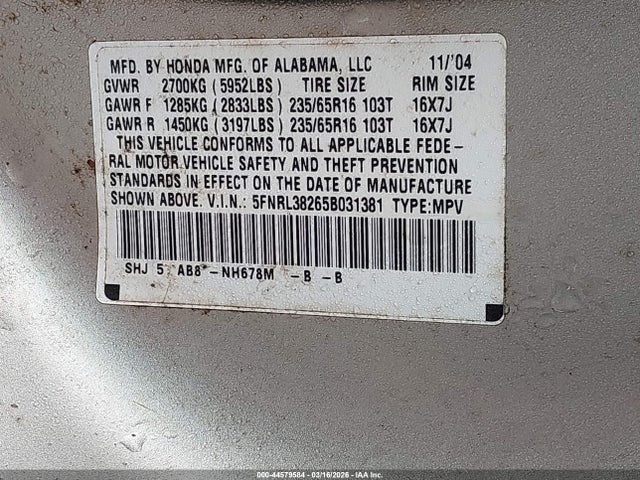 Продаж на аукціоні авто 2005 Honda Odyssey Lx, vin: 5FNRL38265B031381, номер лоту: 44579584