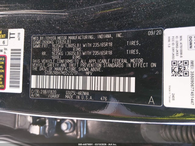 Продажа на аукционе авто 2021 Toyota Highlander Le, vin: 5TDBZRBH7MS523217, номер лота: 44579591