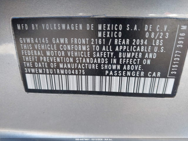 2024 Volkswagen Jetta 1.5t Se მანქანა იყიდება აუქციონზე, vin: 3VWEM7BU1RM004875, აუქციონის ნომერი: 44579601