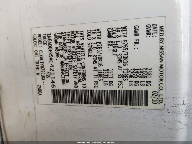 2010 Nissan Frontier Se მანქანა იყიდება აუქციონზე, vin: 1N6AD0ER9AC421146, აუქციონის ნომერი: 44579621