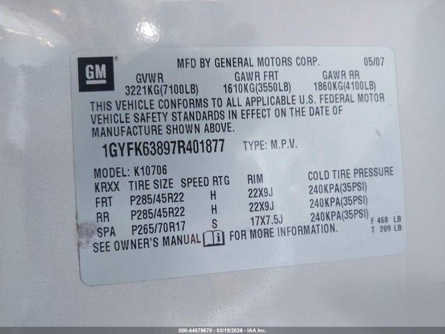 2007 CADILLAC ESCALADE 1GYFK63897R401877 Photo 8