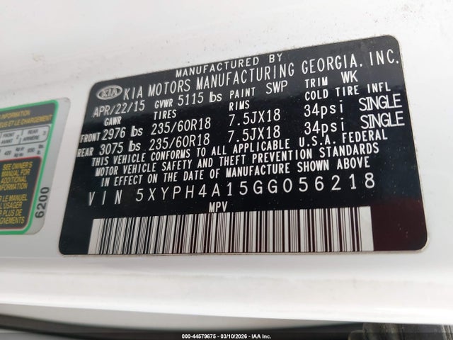 Продажа на аукционе авто 2016 Kia Sorento 2.0t Ex, vin: 5XYPH4A15GG056218, номер лота: 44579675
