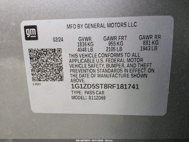 Aukcja sprzedaży 2024 Chevrolet Malibu Fwd 1lt, vin: 1G1ZD5ST8RF181741, numer aukcji: 44579676