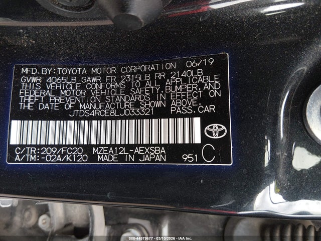 2020 Toyota Corolla Se მანქანა იყიდება აუქციონზე, vin: JTDS4RCE8LJ033321, აუქციონის ნომერი: 44579677