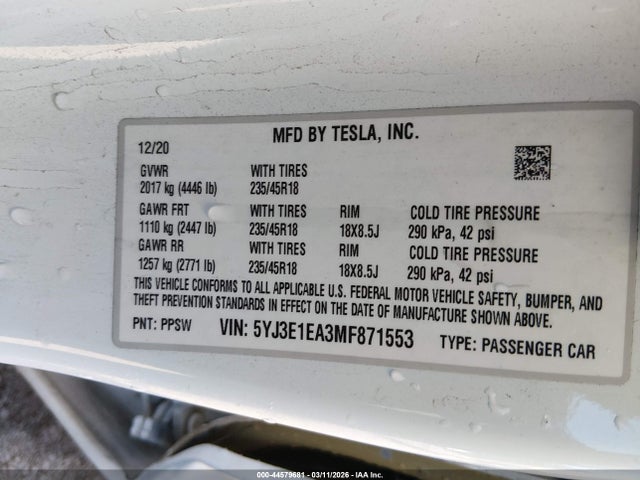 Aukcja sprzedaży 2021 Tesla Model 3 Standard Range Plus Rear-wheel Drive, vin: 5YJ3E1EA3MF871553, numer aukcji: 44579681