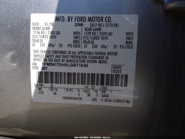 Продаж на аукціоні авто 2020 Ford Explorer Xlt, vin: 1FMSK7DH0LGB71642, номер лоту: 44579694
