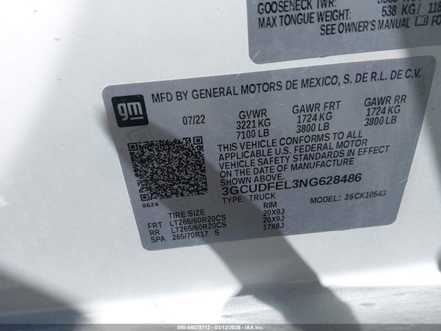 2022 Chevrolet Silverado 1500 4wd  Short Bed Lt Trail Boss მანქანა იყიდება აუქციონზე, vin: 3GCUDFEL3NG628486, აუქციონის ნომერი: 44579712