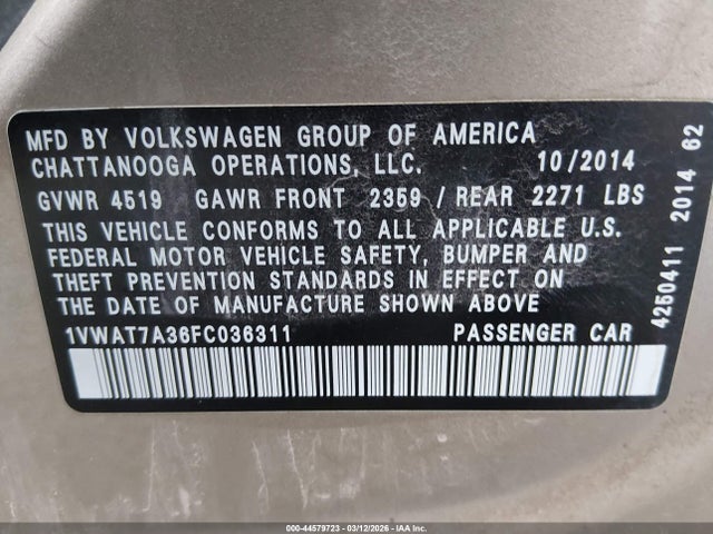 44579723 :رقم المزاد ، 1VWAT7A36FC036311 vin ، 2015 Volkswagen Passat 1.8t Wolfsburg Edition مزاد بيع