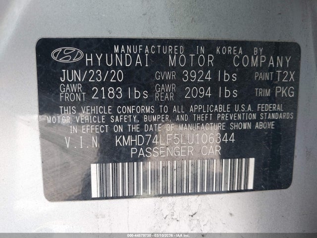 Продаж на аукціоні авто 2020 Hyundai Elantra Se, vin: KMHD74LF5LU106344, номер лоту: 44579730