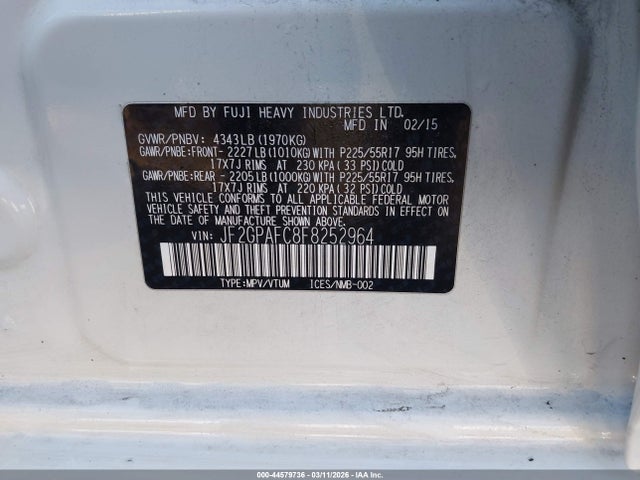 Aukcja sprzedaży 2015 Subaru Xv Crosstrek 2.0i Premium, vin: JF2GPAFC8F8252964, numer aukcji: 44579736