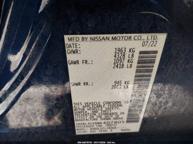 Aukcja sprzedaży 2022 Nissan Altima Sr Fwd, vin: 1N4BL4CV6NN407805, numer aukcji: 44579753