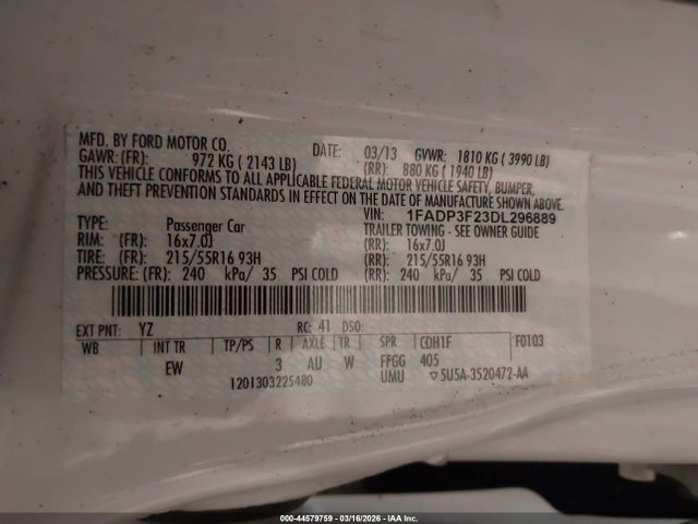 Продажа на аукционе авто 2013 Ford Focus Se, vin: 1FADP3F23DL296889, номер лота: 44579759