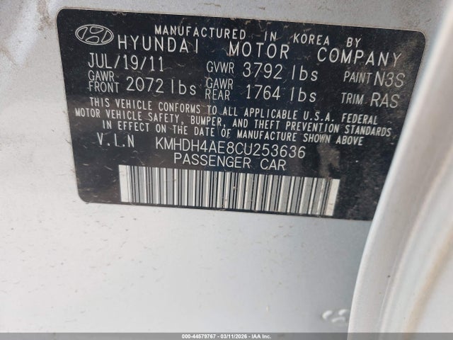 44579767 :رقم المزاد ، KMHDH4AE8CU253636 vin ، 2012 Hyundai Elantra Gls (ulsan Plant) مزاد بيع