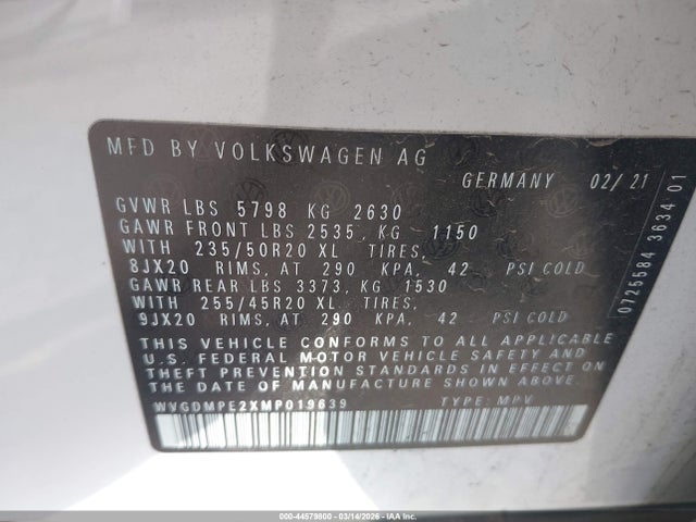 Продаж на аукціоні авто 2021 Volkswagen Id.4 1st Edition, vin: WVGDMPE2XMP019639, номер лоту: 44579800