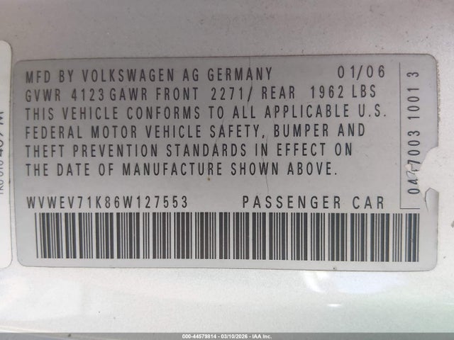 Продаж на аукціоні авто 2006 Volkswagen Gti 2-door, vin: WVWEV71K86W127553, номер лоту: 44579814