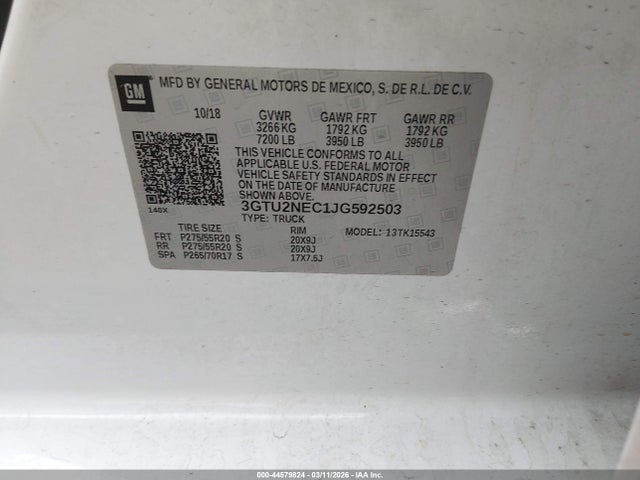 Продаж на аукціоні авто 2018 Gmc Sierra 1500 Slt, vin: 3GTU2NEC1JG592503, номер лоту: 44579824