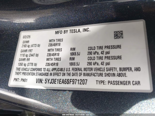 44579846 :رقم المزاد ، 5YJ3E1EA6SF971207 vin ، 2025 Tesla Model 3 Long Range Rear-wheel Drive/standard Rear-wheel Drive مزاد بيع