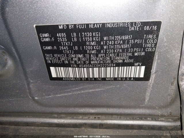 44579848 :رقم المزاد ، 4S4BSACC0H3225894 vin ، 2017 Subaru Outback 2.5i Premium مزاد بيع